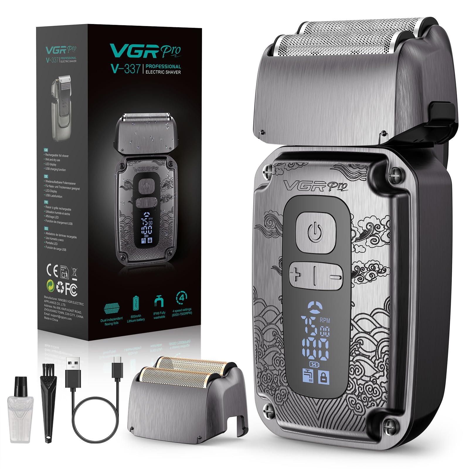 Vgrpro Foil Shaver for Men, Electric Razor for Men Face Beard, Waterproof Cordless Electric Razor for Travel, 4-Speed Setting, USB-C Rechargeable, LED Battery Display, Barber or Home Use (Gray)