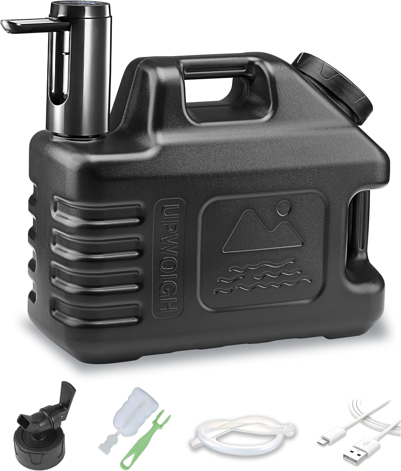 UPWOIGH 3.5 Gallon Portable Water Jug in Black with Screw-Lock Leakproof Touch Pump, Nature-Inspired Carved Container with Spigot, Type-C Rechargeable Outdoor Water Tank for Camping Hiking