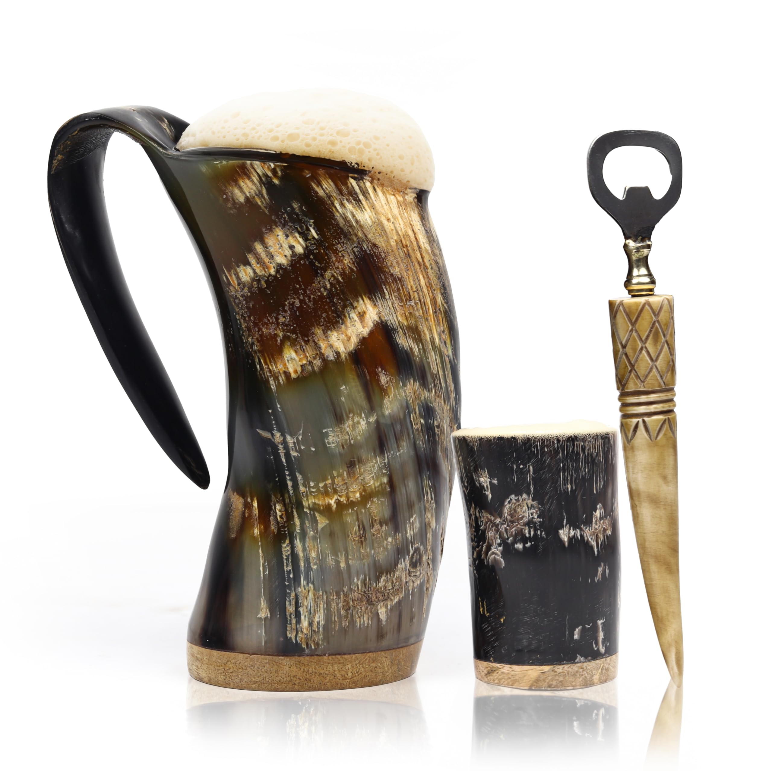 Unique Viking Drinking Horn Mug Set with Cool Shot Glass & Opener for Beer, Whiskey, ale. Ox Horn Cup, 16-20 oz for Men & Women- Ideal for Christmas, Birthday, Occasions and Home Decor. (Simple)