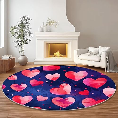 Miniatura 3 de Stain Resistant Round Area Rug 2 ft, Watercolor Retro Heart Soft Non-Slip Circular Carpet, Dark Blue Non-Shedding & Easy Care Circle Rugs for
