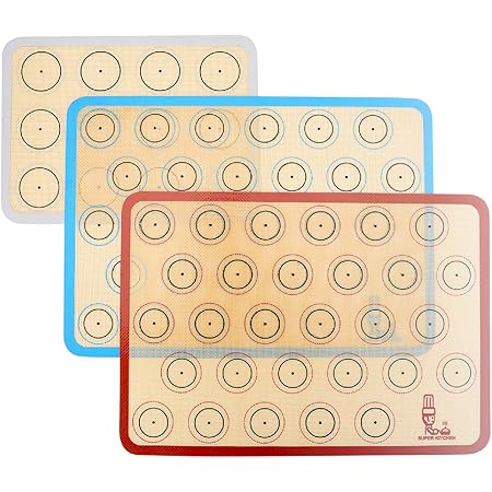 Silicone Baking Mat Macaron - Set of 3 (2 Half Sheet Liners and 1 Quarter Sheet), Non Stick Silicon Cookie Oven Liner For Macaroons, Bake Pans, Pizza, Toaster, Cake and Bread Making (Red,Blue,Gray)