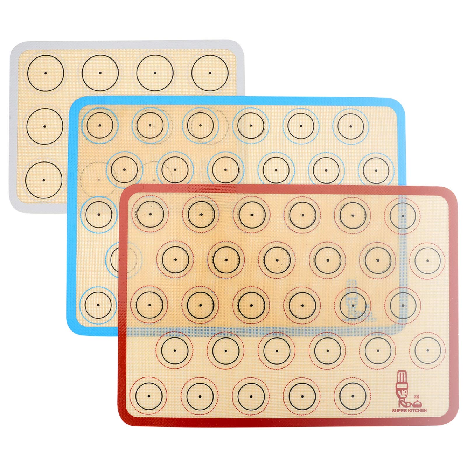 Silicone Baking Mat Macaron - Set of 3 (2 Half Sheet Liners and 1 Quarter Sheet), Non Stick Silicon Cookie Oven Liner For Macaroons, Bake Pans, Pizza, Toaster, Cake and Bread Making, By Super Kitchen