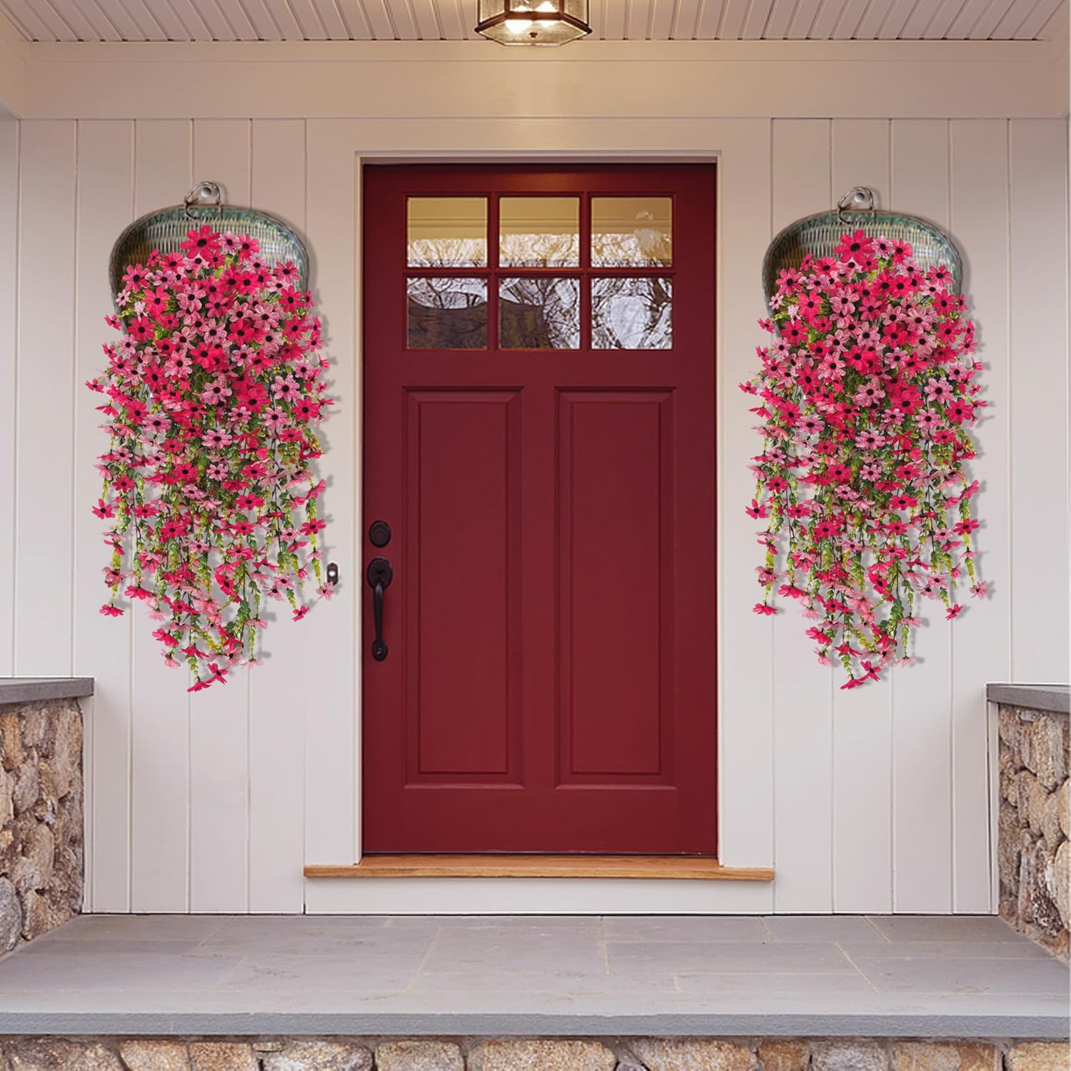 Fake Artificial Hanging Flowers for Outdoors Fake Plants Decoration, 2 Bundles Faux Silk Colorful Daisy Eucalyptus Realistic UV Resistant for Outside Home Planter Porch Patio Yard Decor(Rose Pink) - Image 7