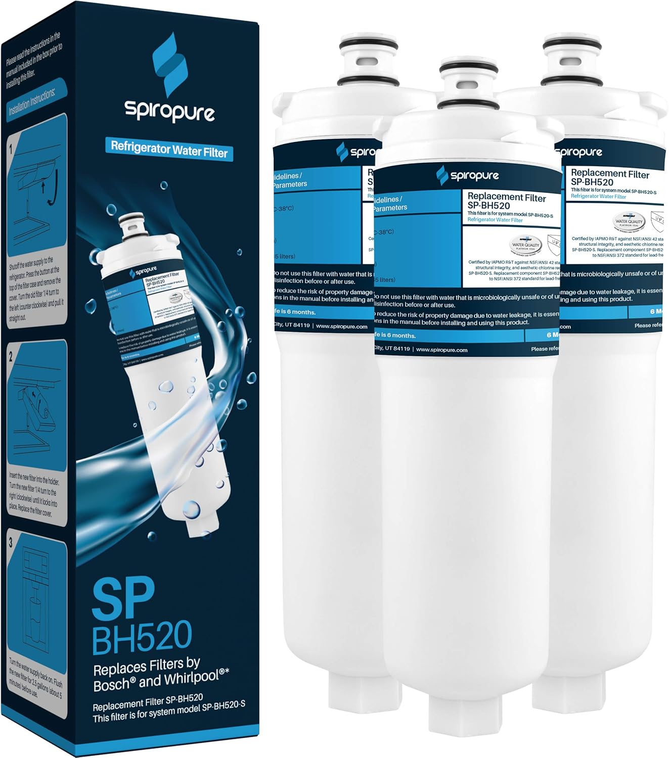 SpiroPure SP-BH520 NSF Certified Refrigerator Water Filter Replacement for WHKF-R-PLUS, CS-52, 640565, WHCF-R-PLUS, 56932, WHCF-IMTOS, WHCF-IMPLUS, CS-452, EVOLFLTR10, CS-51 (3 Pack)