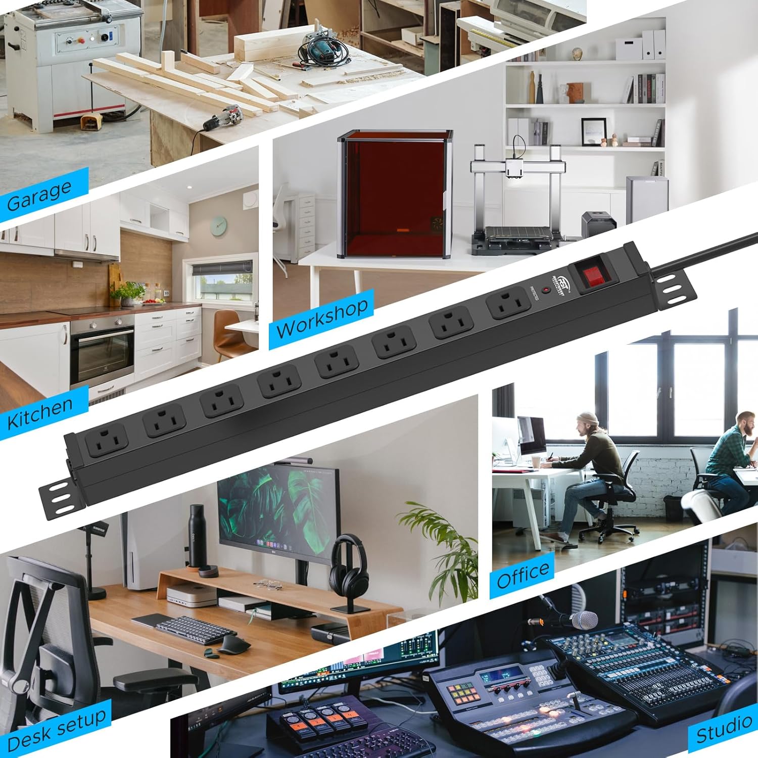 Mountable Long Power Strip, 2100 Joules Heavy Duty Surge Protector Power Strip, Slim Metal Power Bar with 6ft 14AWG Cord, 8-Outlet, ETL Listed, for Wall Mount, Under Desk, Garage, Workshop Black-2PK