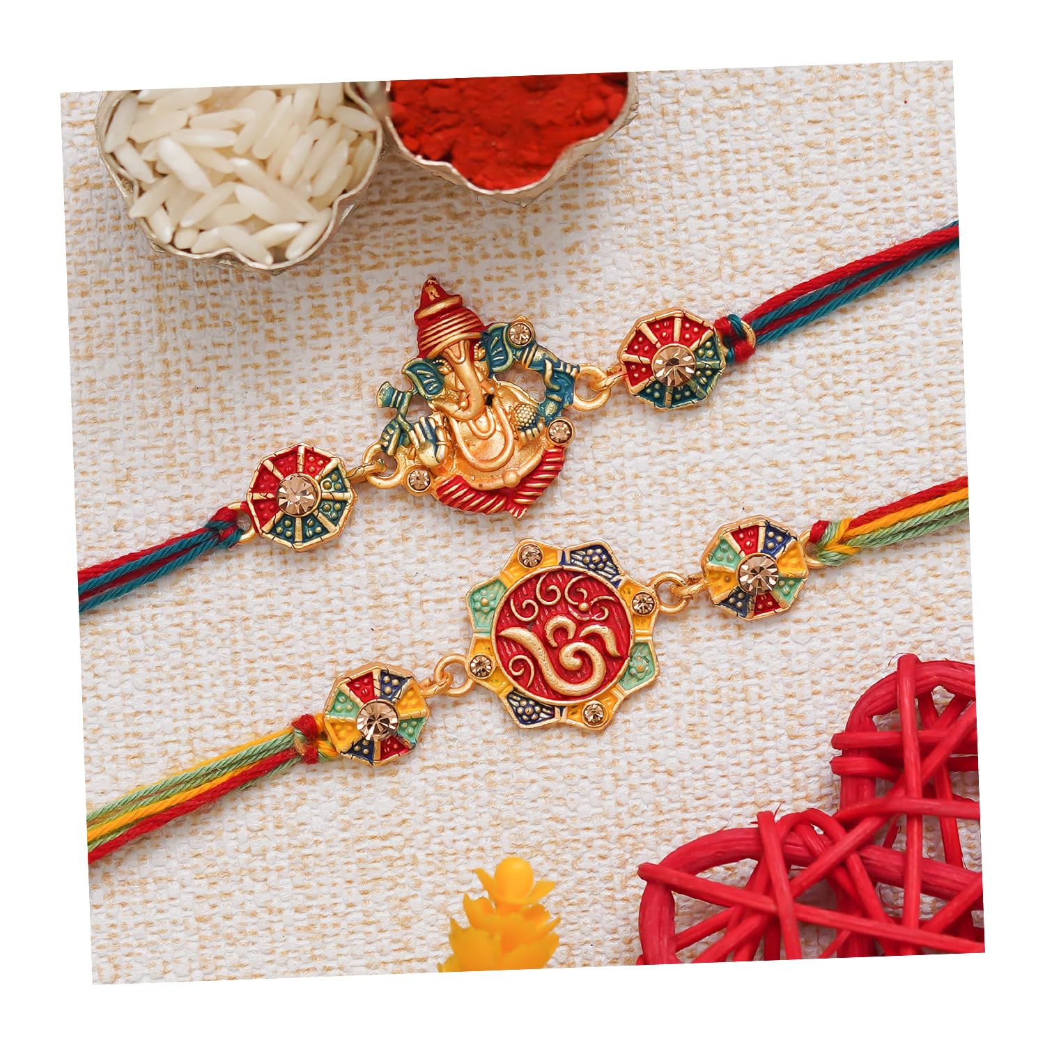 eCraftIndia Multicolor Set of 2 Ganesha and Om Symbol Religious Designer Rakhis with Roli Chawal Pack - Rakhis for Brothers (B0C6PY7929) Amazon Price History, Amazon Price Tracker