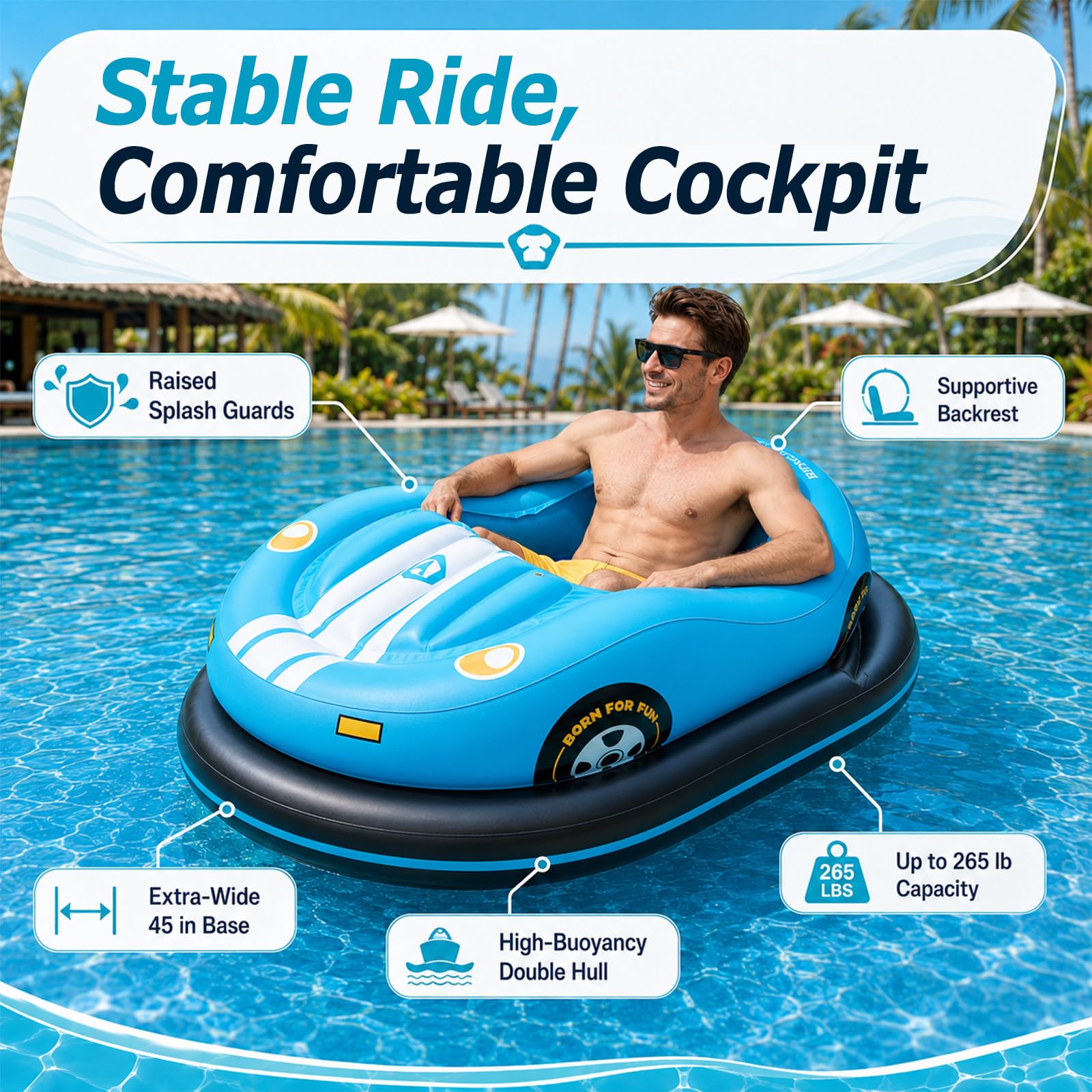 Bateau Bumper Électrique de Piscine, Flotteur Gonflable Motorisé de Piscine Red | Propulseur de 46W, Direction à Joystick 360°, Support de 265 lb pour Adultes, Fêtes de Piscine et Lacs Calmes