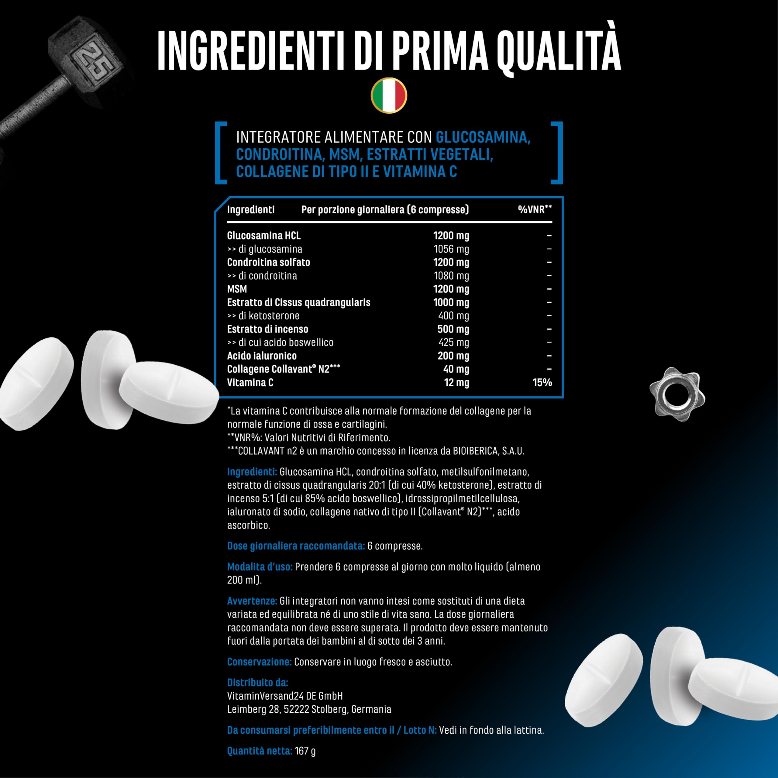 Joint Essentials – Integratore per le articolazioni con Collavant® N2 collagene di tipo II – Glucosamina + Condroitina + MSM + Acido ialuronico + Vitamina C + Cissus + Incenso – 180 compresse