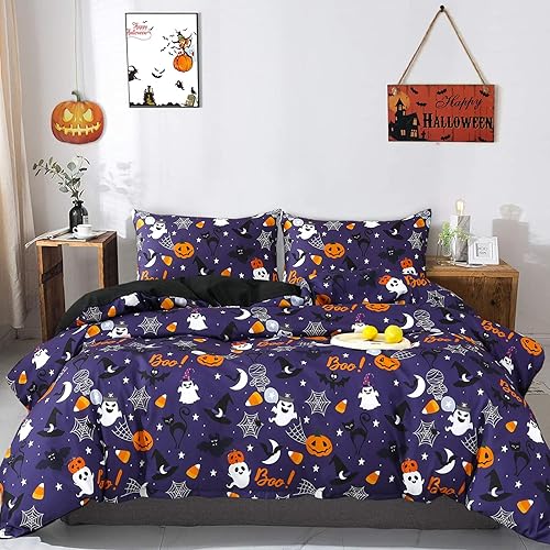 Miniatura 8 de Luxudecor Juego de funda de edredón de Halloween, tamaño Queen, diseño de telaraña, murciélago, calabaza, murciélago, telaraña, reversible, funda de