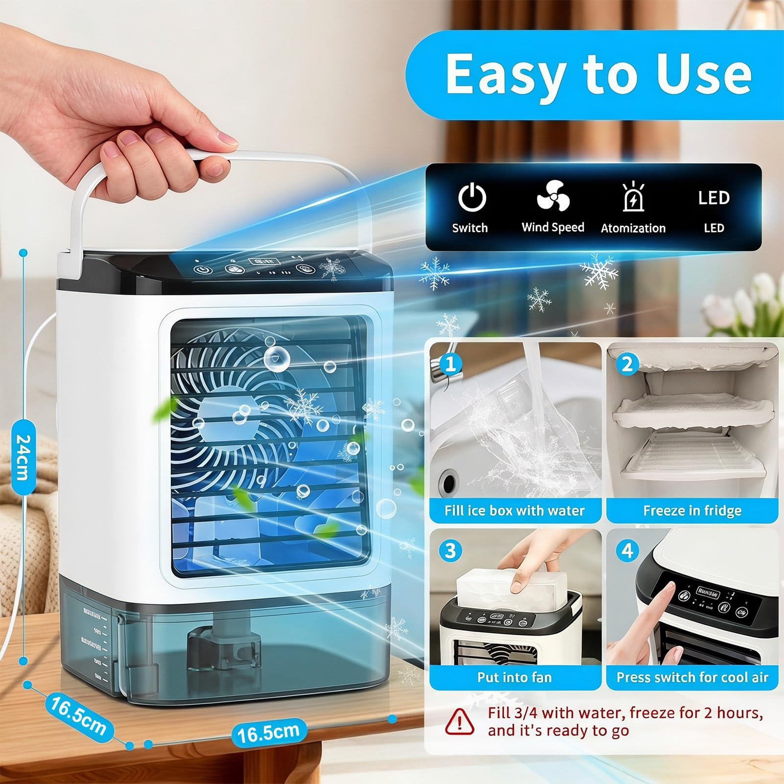Aire Acondicionado Portátil, Mini Enfriador de Aire Evaporativo de 3 Velocidades, 900ml Tanque, Pulverización, Silencioso Air Conditioner para Hogar, Oficina y Exteriores.