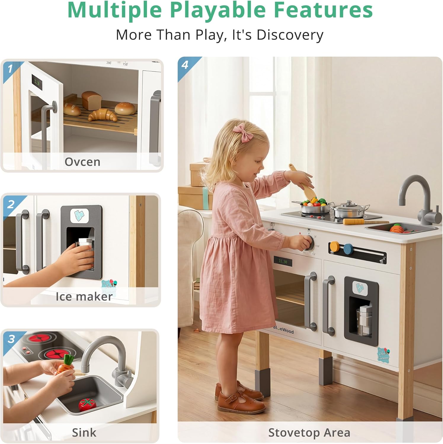 BlueWood Play Kitchen for Kids Toddlers - Wooden Chef Pretend Play Kitchen Set Toy Kitchen with 18 Pcs Toy Food & Cookware Accessories for Ages 3-7, Essential, White