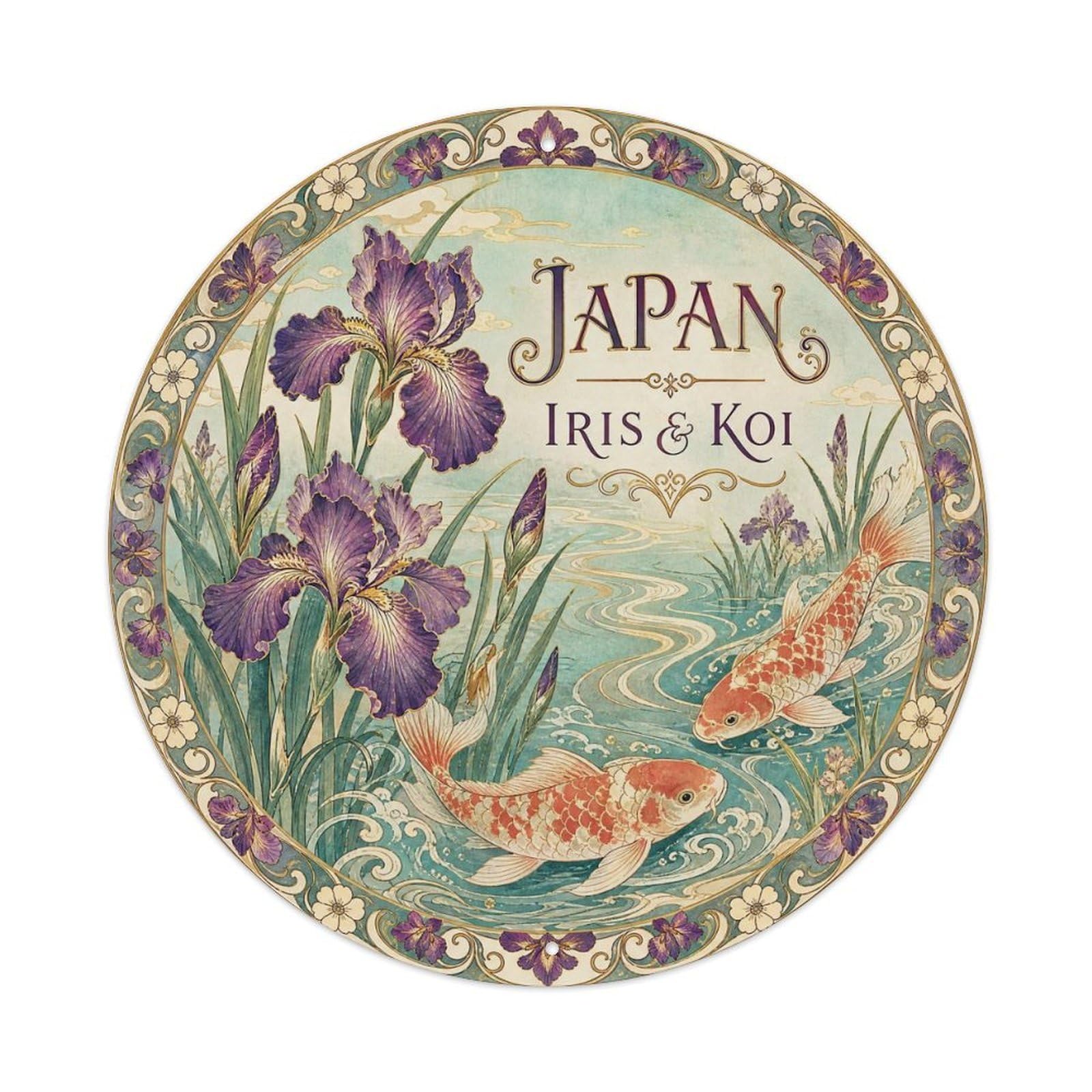 Olyhtr 8X8inch Classic Style Taisho Japan Iris Koi Ceramic Folk Pattern Metal Tin Sign