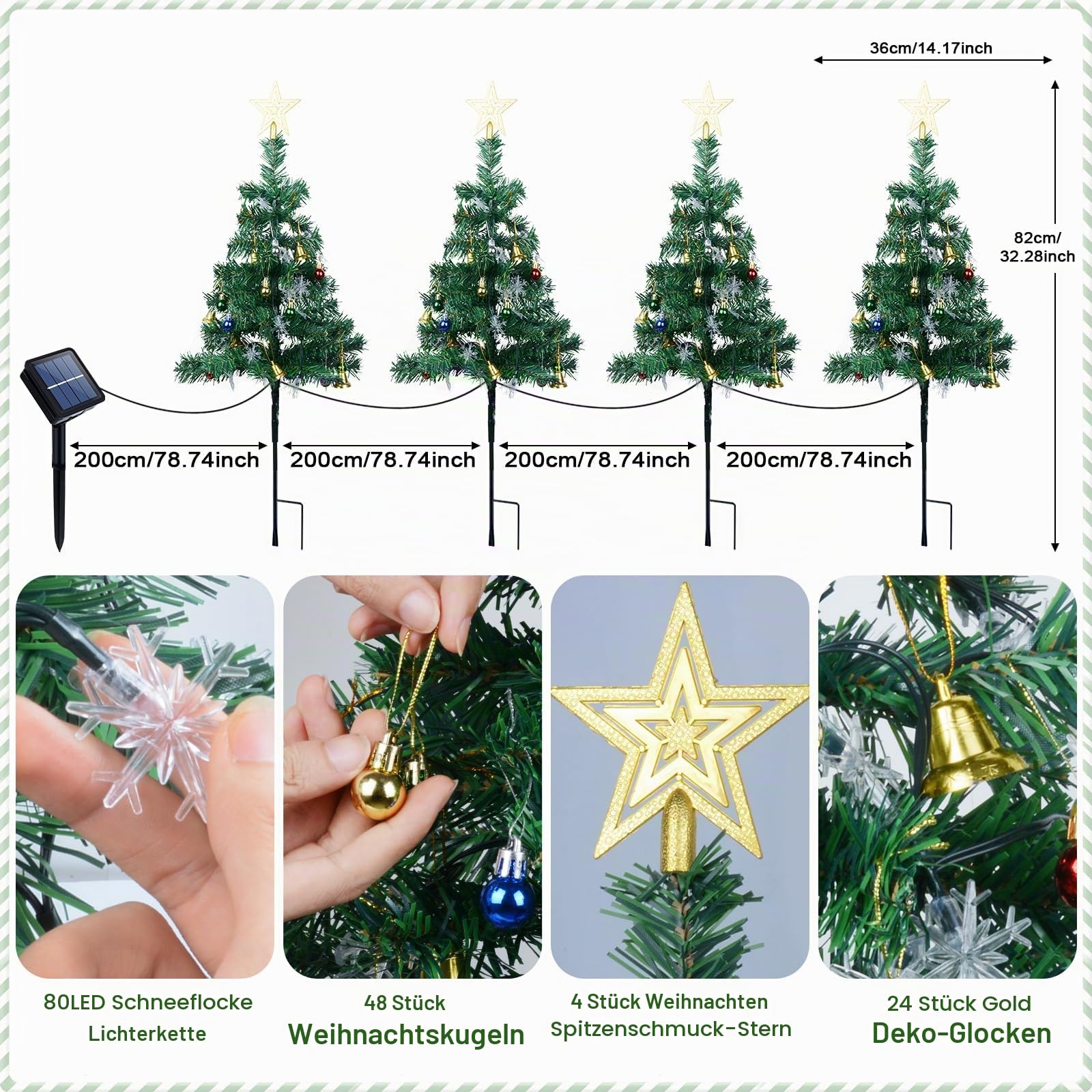 Solar Weihnachtsbaum Lichter Außen, 4 Stück Weihnachtsdeko mit Schneeflocken Lichterkette WeihnachtsbaumSpitze Stern, Weihnachtskugeln, Glocken, Wasserdicht Weihnachtsbeleuchtung Deko für Garten