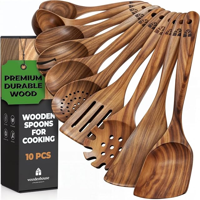 Wooden Spoons for Cooking, Kitchen Utensil Set, 10 Pcs Cooking Utensils Set for Nonstick Pans & Cookware – Study Teak Wood, Lightweight & Heat Resistant