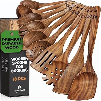 Wooden Spoons for Cooking – 10 Pc Teak Wood Utensil Set, Durable, Nonstick Safe & Heat Resistant with Ergonomic Handles