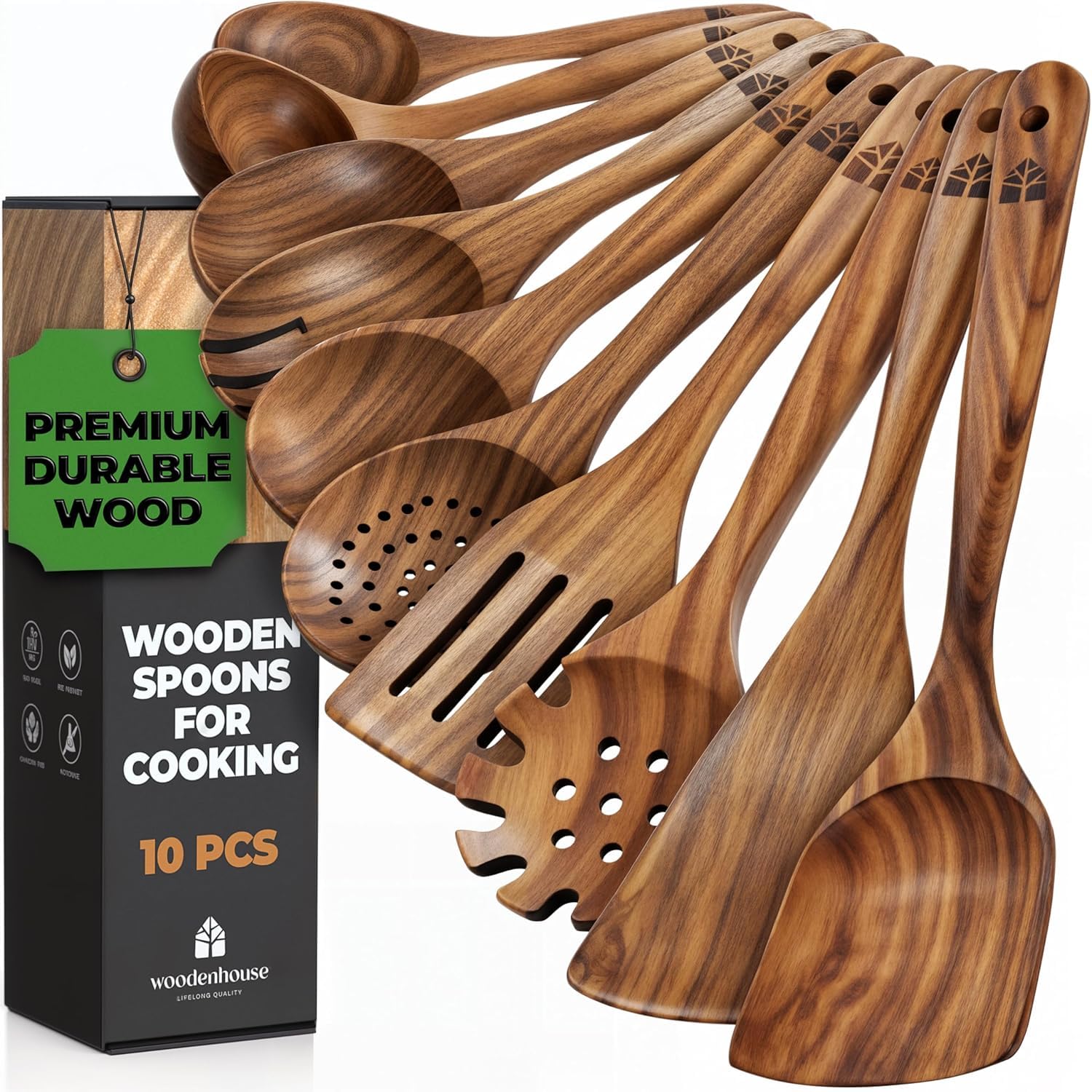 Wooden Spoons for Cooking 10 Pc Teak Wood Utensil Set Durable Nonstick Safe Heat Resistant with Ergonomic Handles