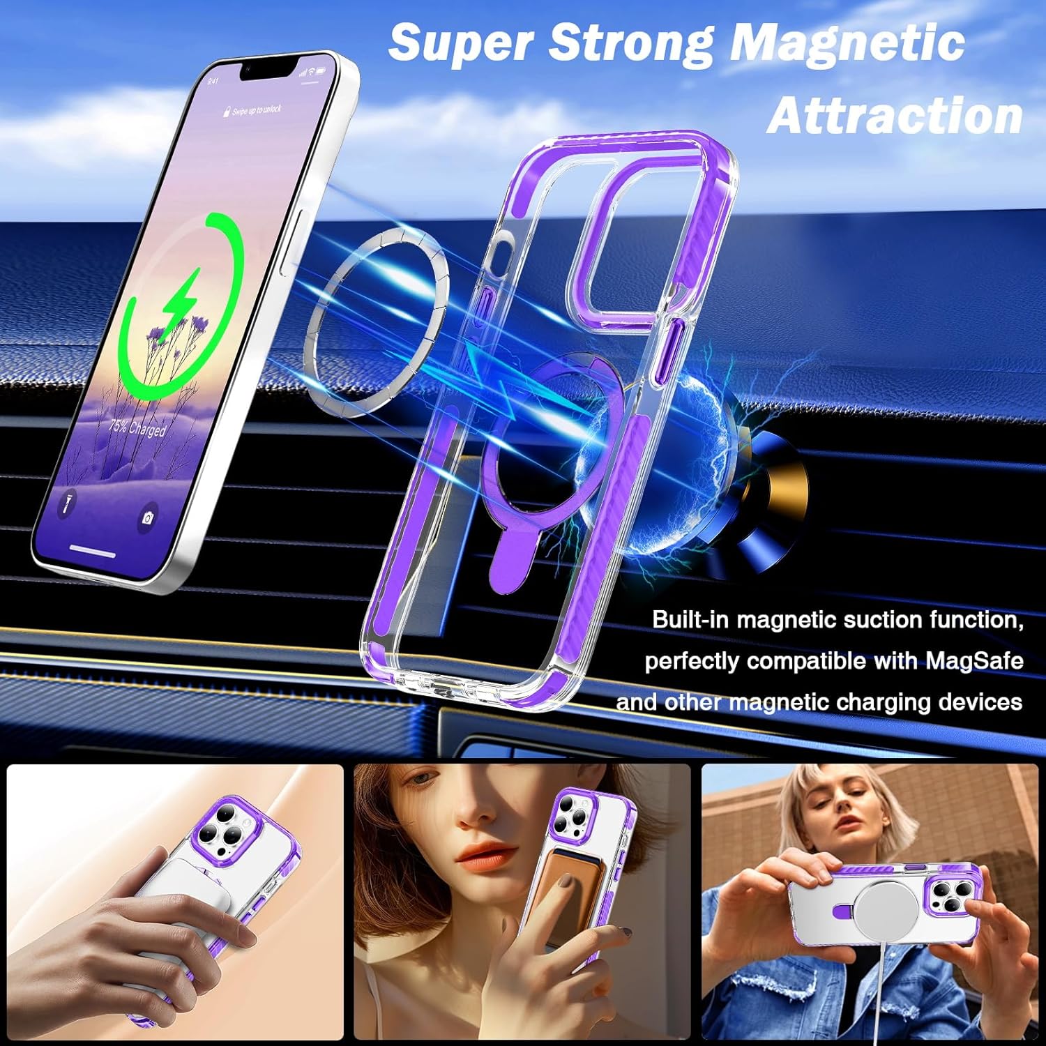 UMIONE for iPhone 14 Pro Magnetic case with Stand and Finger Ring, Compatible with magsafe, Shockproof Transparent Hard Plate, Full Body case, Universal for Boys and Girls 6.1 - Purple