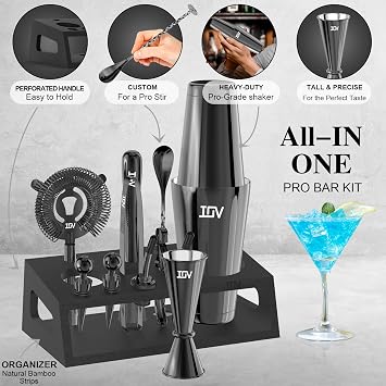IOV Cocktail Shaker Set: 12-Piece Mixology Bartender Kit Bar Set | 16oz & 28oz Boston Shaker Drink Mixing Tools for Home with Recipe Booklet and Stand | Fun Housewarming Gift (Black)