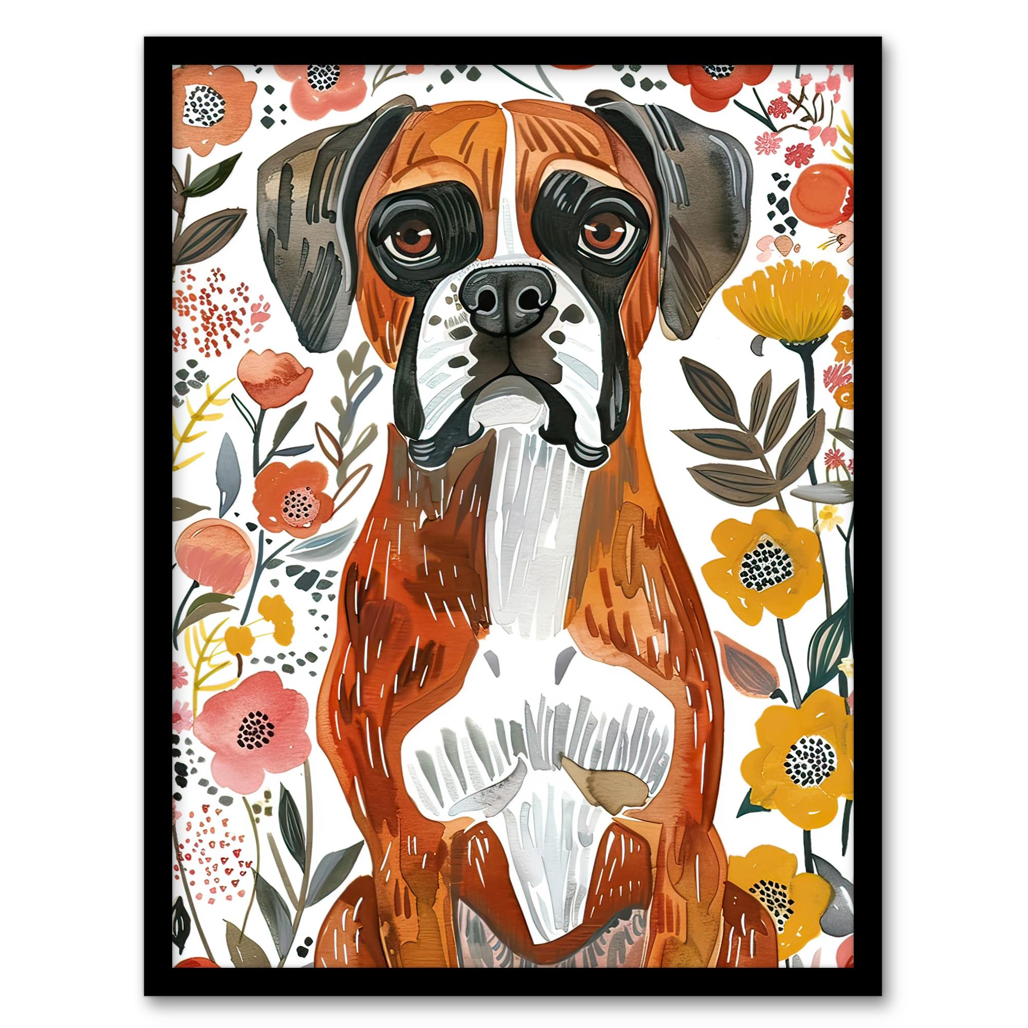 Artery8 Boxer Dog Lover Watercolour Floral Portrait Wall Art PrintA4 Size from B&Q