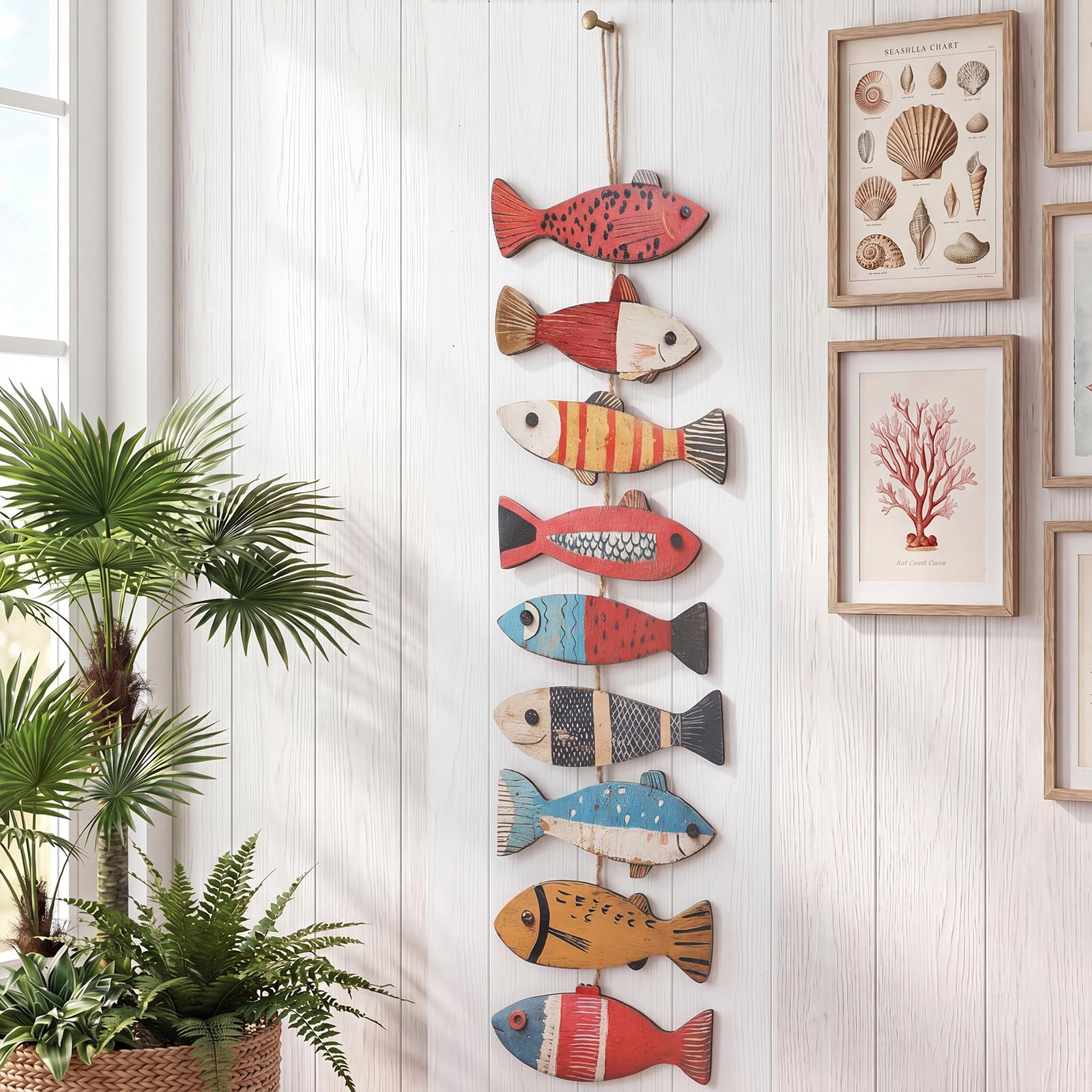 Novabright Wooden Fish Hanging Wall Decor Nautical Rustic Fishing Wood Sculpture Decorations Beach Coastal Theme Farmhouse Hanging Sign for Home Bathroom Bedroom Lake House(Multicolor,Patchwork)