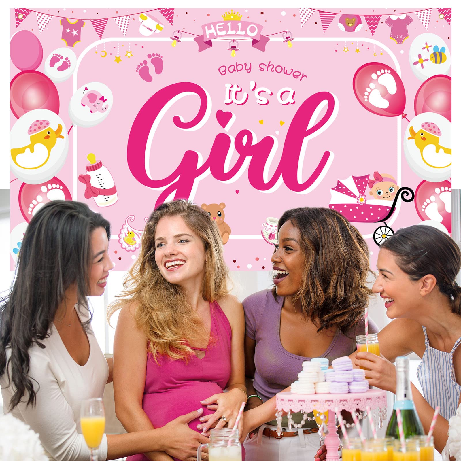 DPKOW It's A Girl Fabric Photo Backdrop Banner for Baby Shower Decoration