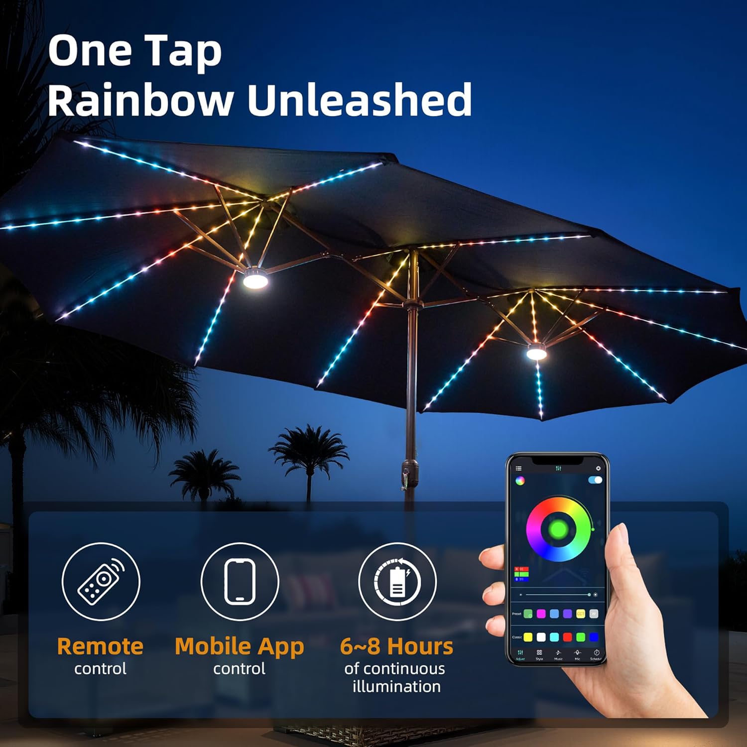 15 ft Large Patio Umbrella with Color Changing Lights,UPF50 Outdoor Table Umbrella with Solar Lights and Base,Remote Control&APP Control, Rectangular Market Umbrella for Poolsid,Lawn