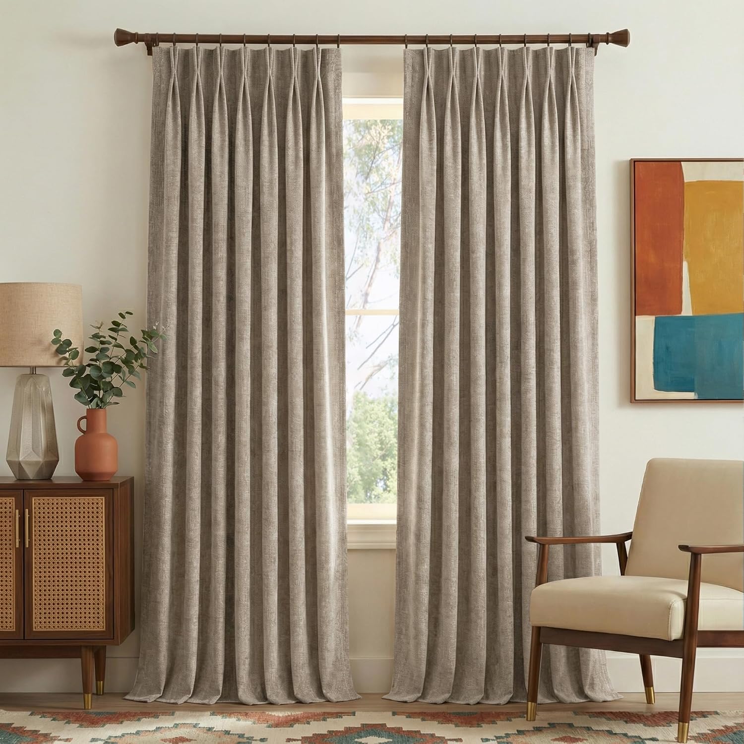 NICETOWN 395GSM Heavyweight Pinch Pleat Faux Linen Oatmeal Curtains 90" Long, Room Darkening Thermal Drapes for Bedroom, Double-Sided Thick Textured Privacy Panel (2 Panels, W40 x L90)