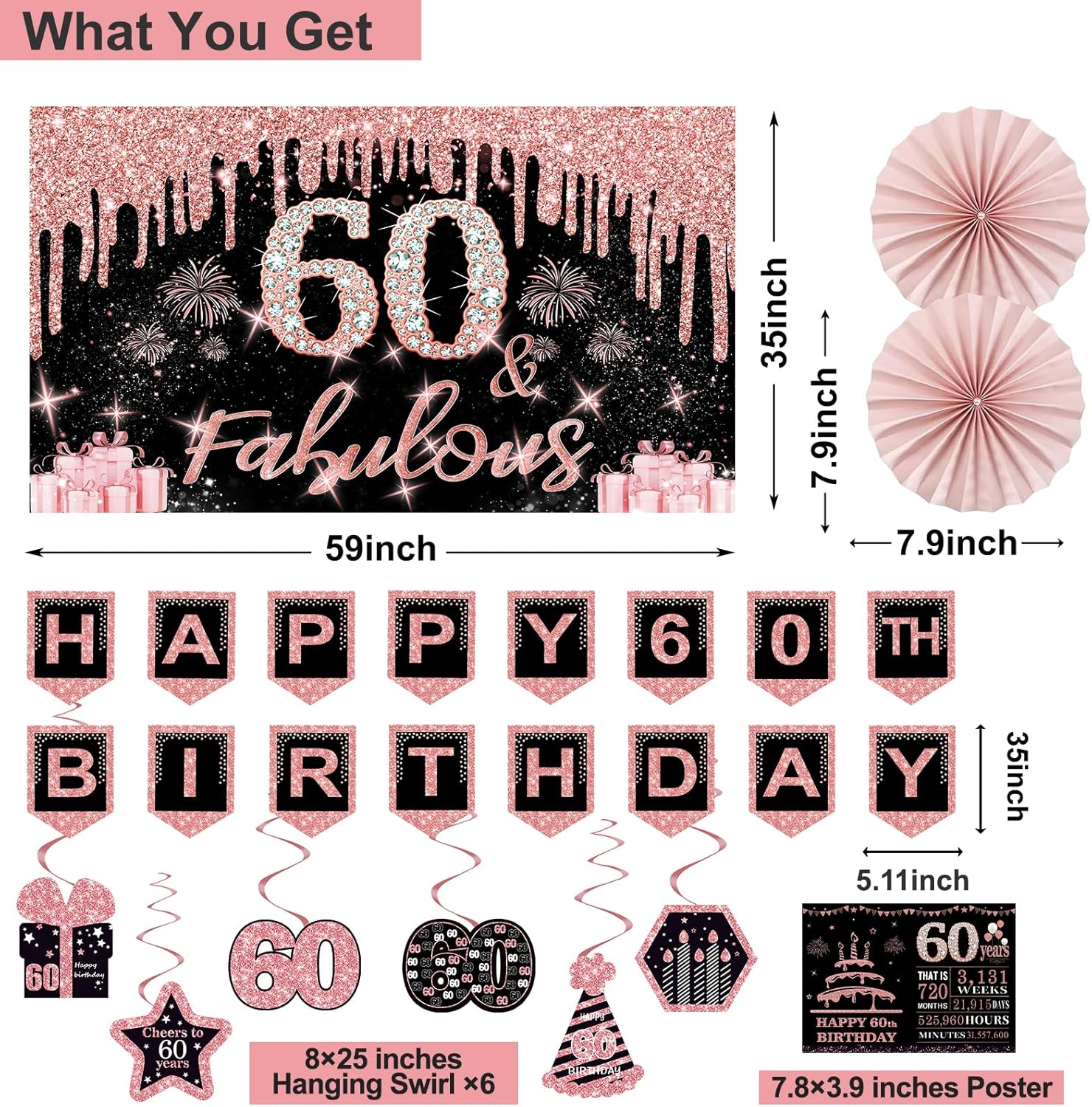 60th Birthday Decorations for Women,32PCS 60th Birthday Party Decorations,Including Backdrop, Crown, Sash, banner, Hanging Swirl,Cake Topper,balloons,Paper Fans,Anniversary Card and paper fans Rose Gold 60th