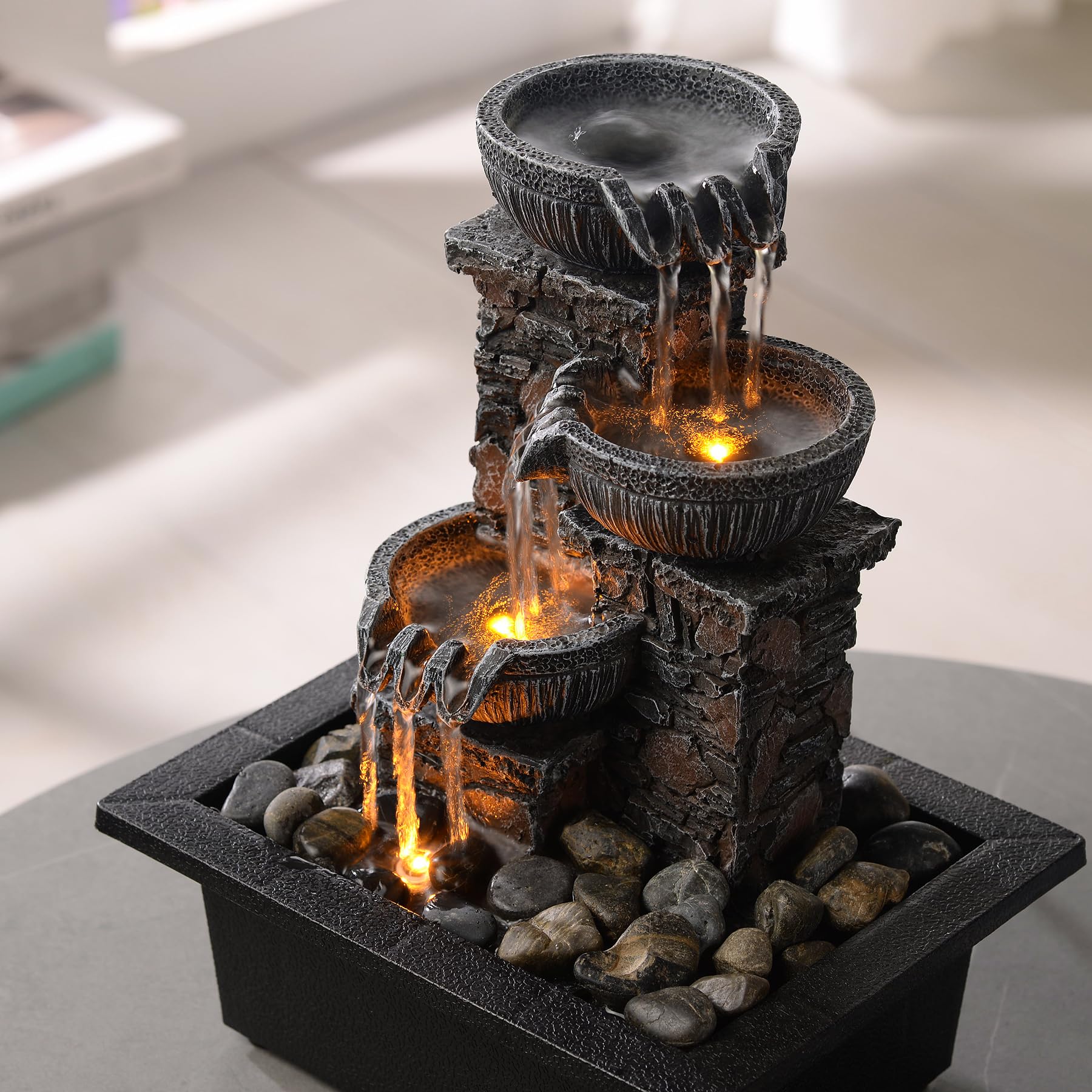 UNITEDESSENTIALINDOOR Tabletop Fountain 3 Bowls with LED Light Soothing Water Flowing Sound Fountain Zen/Meditation Home/Office Decor Home Décor Relaxation Indoor (23113) 6
