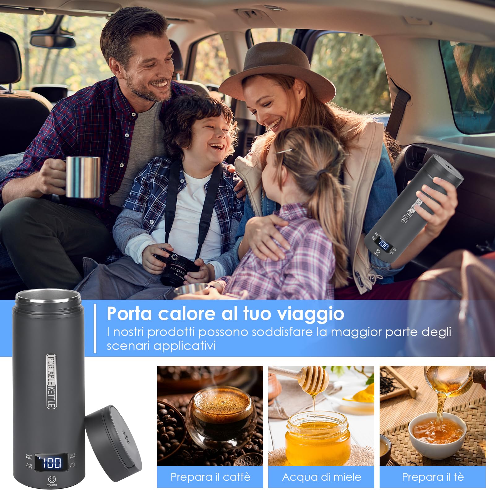 Dreamhigh® Bollitore Elettrico Piccolo, 450 ml Bollitore da Viaggio, 96W Bollitore Elettrico Portatile con Temperatura Regolabile per Tè Latte Caffè (45℃/ 55℃/ 80℃/ 100℃) (Auto (12V)) (Nero)