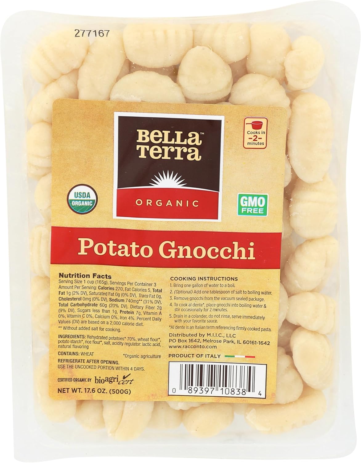 Bella Terra Organic Potato Gnocchi 17.6oz - USDA Organic, Non-GMO, Cooks in 2 Minutes, Authentic Italian