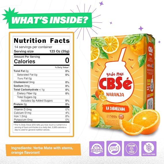 CBSe Yerba Mate Orange Flavor Loose Leaf Yerba Mate Tea, Naturally Caffeinated, Gluten-Free - 2 Pack (500 g Each)