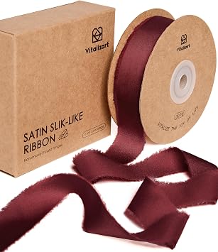 Vitalizart Silk Like Satin Ribbon 1 inch x 30 Yard Burgundy Handmade Frayed Ribbons for Gift Wrapping Baby Shower Wedding Bridal Bouquets Holiday Decor
