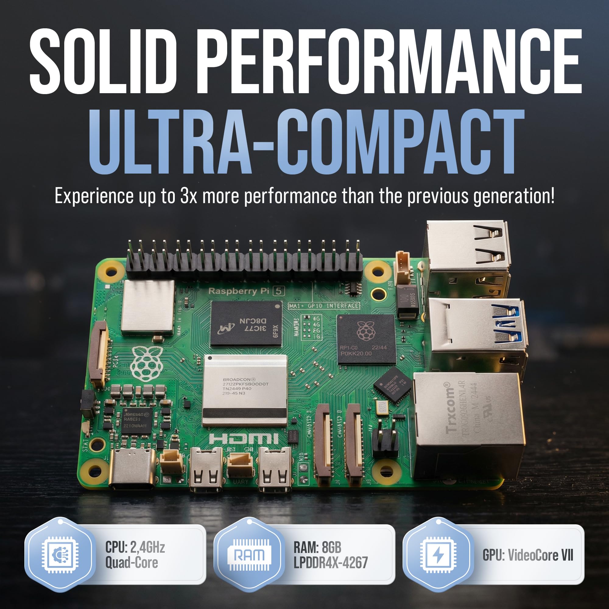 db-tronic Raspberry Pi 5 8 GB Starter Kit | Czarna edycja 64 GB | Zasilacz 27 W | Obudowa z wentylatorem | Micro HDMI 4K | idealny do Home Assistant i smart home