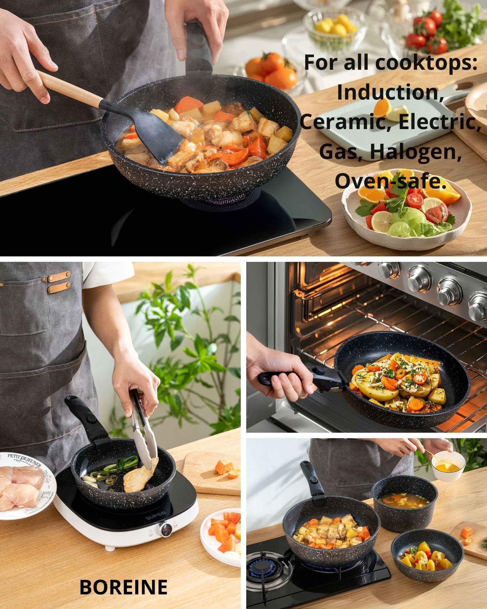 BOREINE Set di Pentole e Padelle 14 Pezzi, Batteria Pentole Antiaderente Senza PFOA e PTFE, Manico Removibile, Compatibile Induzione, Gas, Forno e Tutti i Piani Cottura, Nero