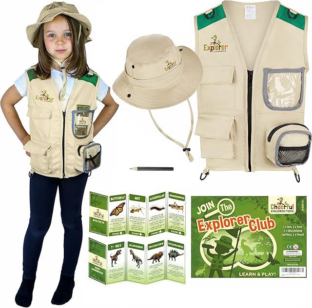 Cheerful Children Toys Kids Explorer Costume Kit including Safari Vest and hat plus Dinosaur and Bug Educational Handbooks. For Dress up, Outdoor Adventures and Role play. Suitable for 3-7 year olds.