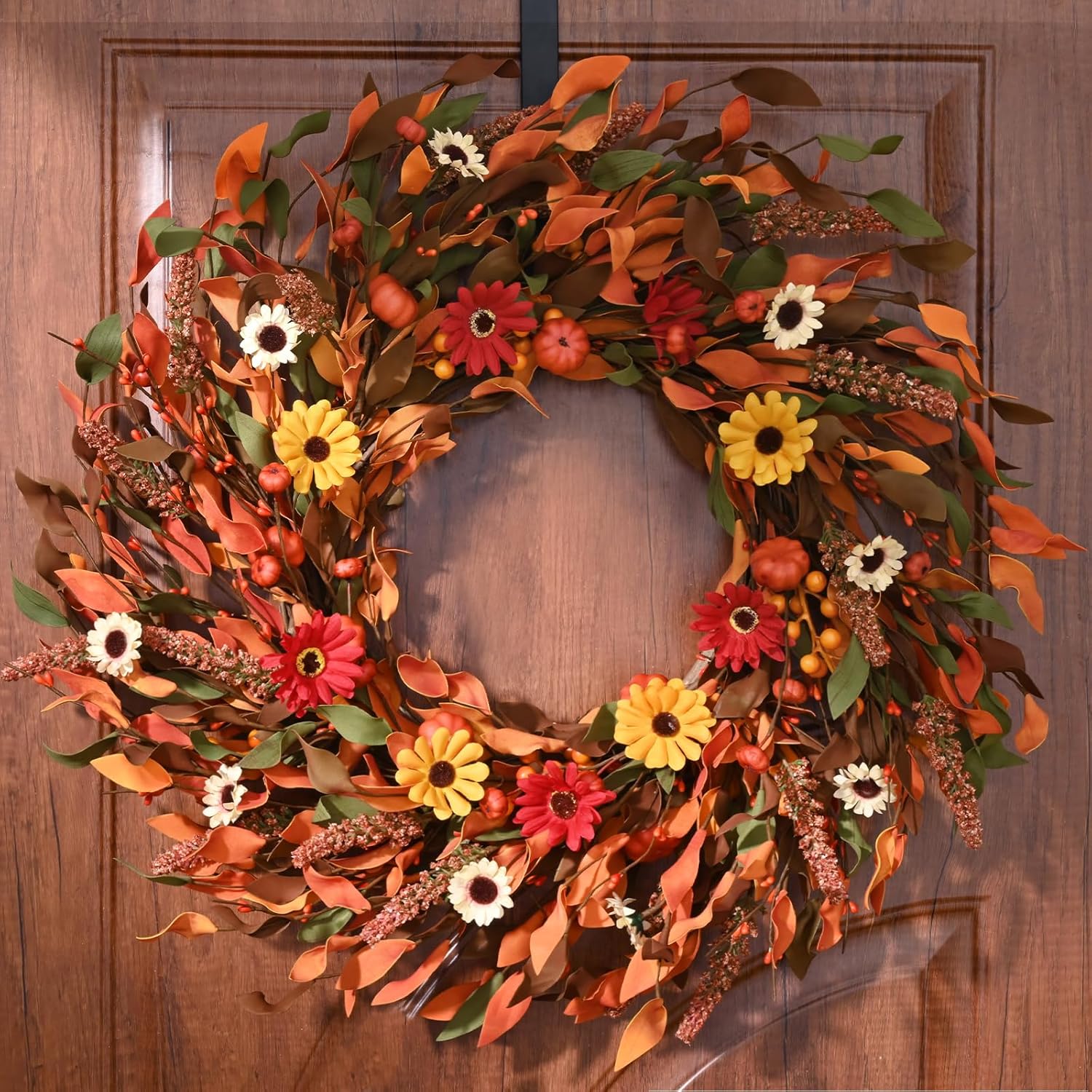 Waipfaru Fall Wreaths for Front Door, 22-24in Daisy Fall Door Wreath with Pumkin，Autumn Wreaths for Thanksgiving Harvest Fall Wreath for Porch Indoor Outdoor Decor,2Pcs