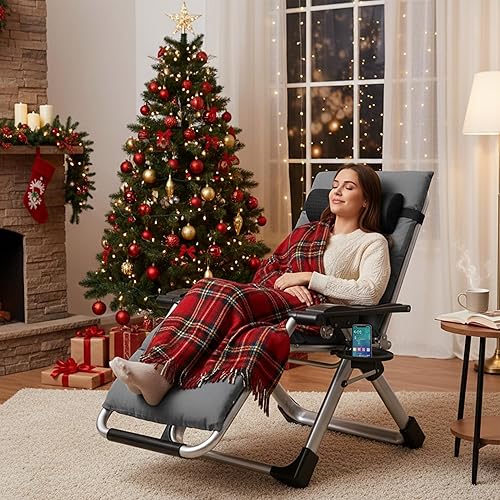 Miniatura 2 de ABORON - Silla de gravedad cero, reclinable, plegable, ajustable y resistente, con bandeja, reposacabezas, cojín removible, para tomar sol y