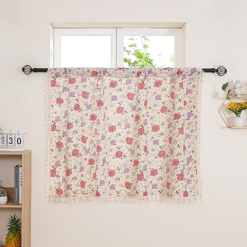 Miniatura 7 de Cenefa de mezcla de lino floral para ventana de 20 pulgadas de largo, cenefas de cortina de cocina con borlas, rosa rosa, retro, elegante, cortinas