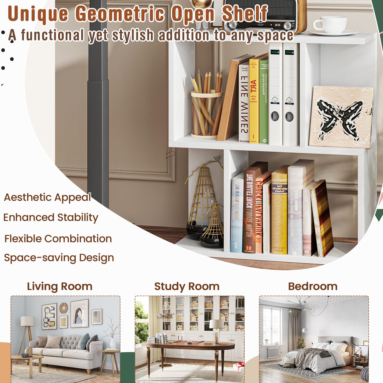 LIFEZEAL Tavolino da Divano, Tavolino Laterale da Salotto, a Forma di S, Bianco, Libreria a 3 Ripiani, Scomparti Aperti, Combinazione Libera, Salvaspazio, Moderno, per Soggiorno, 50x17,5x55,5cm