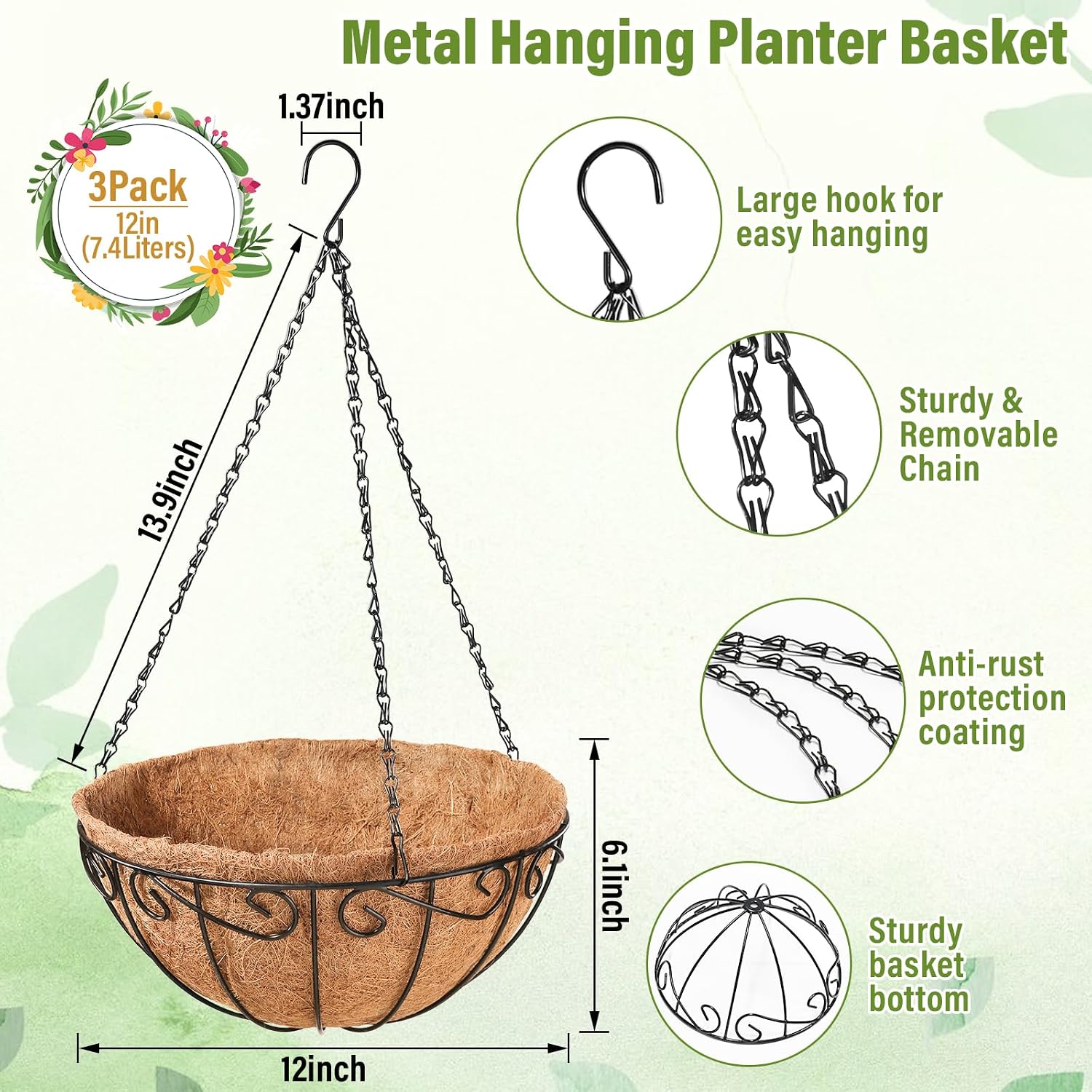 Legigo 3 Pack 12 Inch Metal Hanging Baskets for Plants Outdoor- Round Wire Hanging Planters Basket with Coconut Coir Liner, Hanging Flower Pot for Outdoor Plants Flowers Garden Decorations