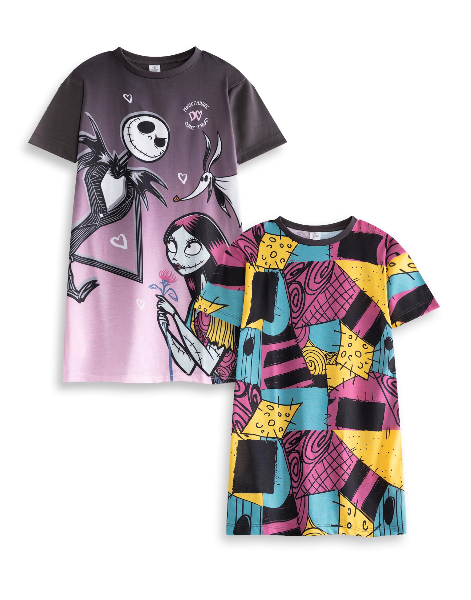 Disney Girls Multicoloured The Nightmare Before Christmas Multi-Pack Of 2 Short Sleeve Nightdress | Jack Skellington & Sally Cartoon Print | Retro Sleepwear For Kids Merch - 11-12 Years