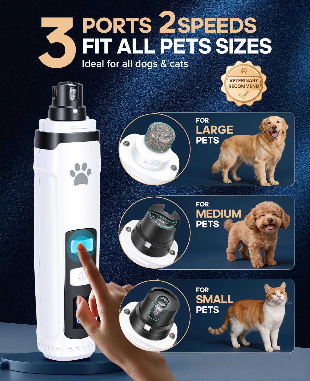 Molinillo de uñas para mascotas de bajo ruido con luz, recortador de uñas recargable de 2 velocidades con pantalla LED de batería, molinillo de uñas inalámbrico profesional para perros y