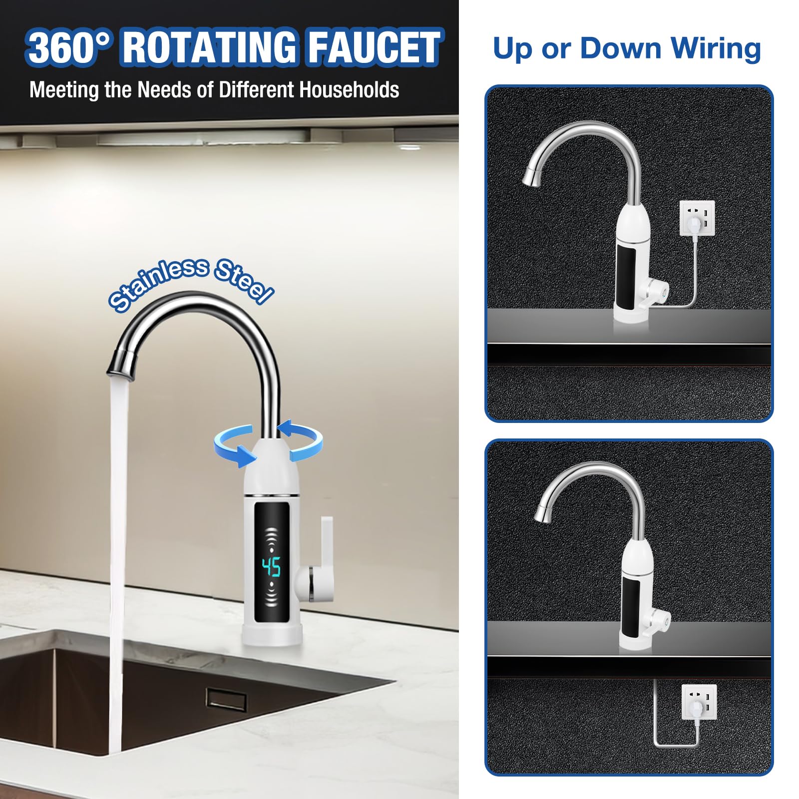 Rubinetto Elettrico Istantaneo Kocusu 3000W - Acqua Calda In 3-5 Secondi, Display LED, Girevole 360° In Acciaio Inox 304 Per Cucina E Bagno