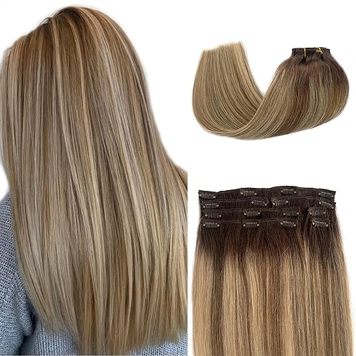 Clip in Human Hair Extension Brown to Blonde Balayage Highlights Hair Extensions Real Human Hair 70grams 7pcs Double Weft Ash Brown Mix Light Blonde Clip in Hair Extensions for Women 22 Inch