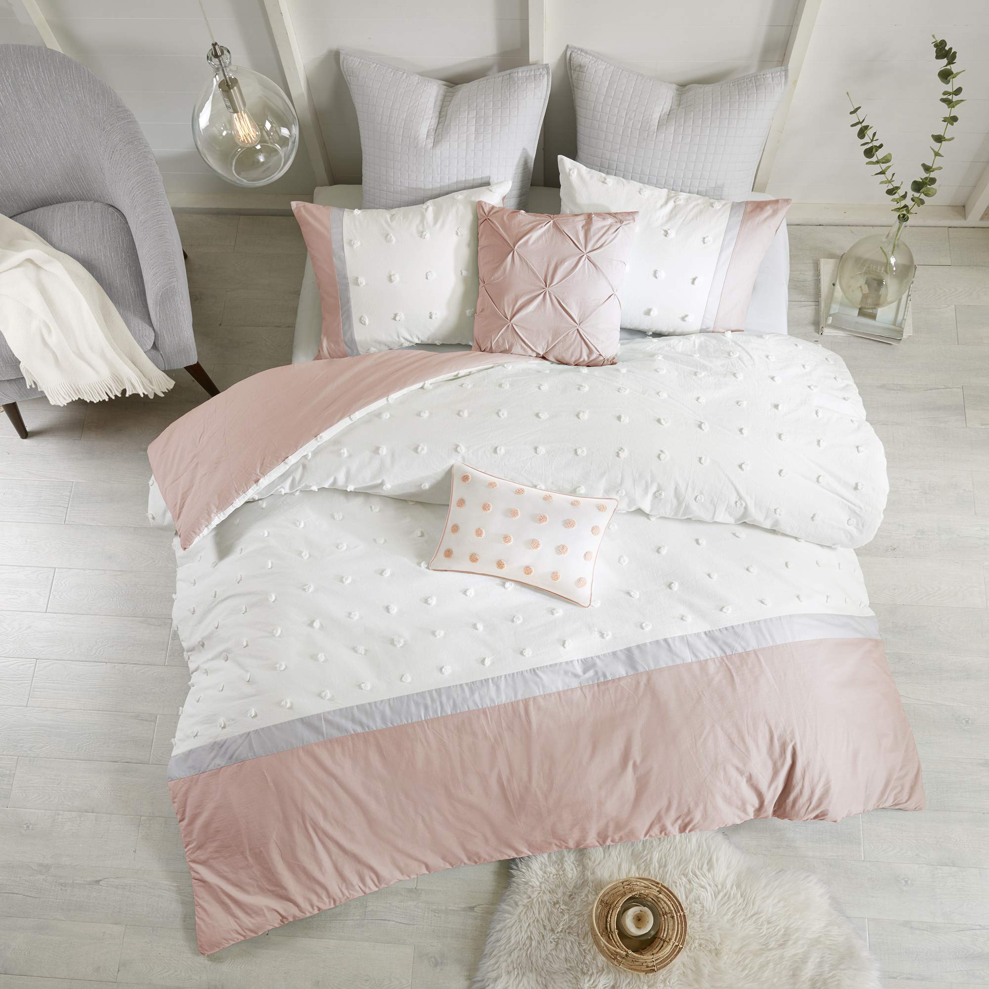 Urban Habitat Duvet Set 100% Cotton Jacquard, Tufts Accent, Shabby Chic All Season Cover for Comforter, Matching Shams, Decorative Pillows, Full/Queen (88 in x 92 in), Blush/Ivory 7 Piece