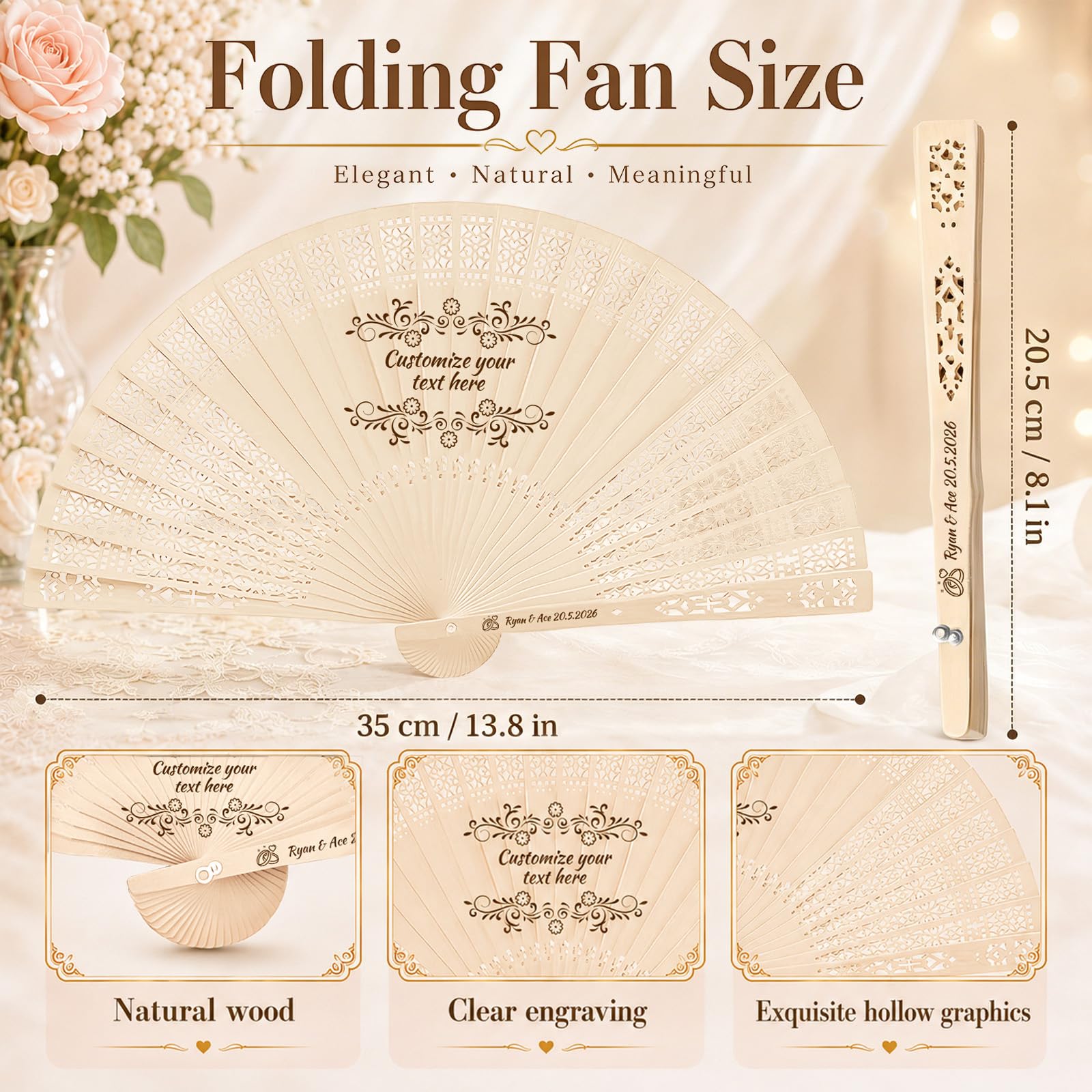 30 Stück Personalisierte Hochzeitsfächer für Gäste, individuelle Holz-Faltfächer mit Quaste und Organzabeutel, einzigartige Gastgeschenke für Hochzeiten (Hohler Holzfächer)