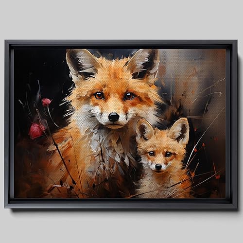 Fox Mother Cub Print, In The Style Of Stencil,Based, Kids Wall Art, Kids Wall Art Display, Mom And Baby Animal Art Print, Canvas, Wall Decor
