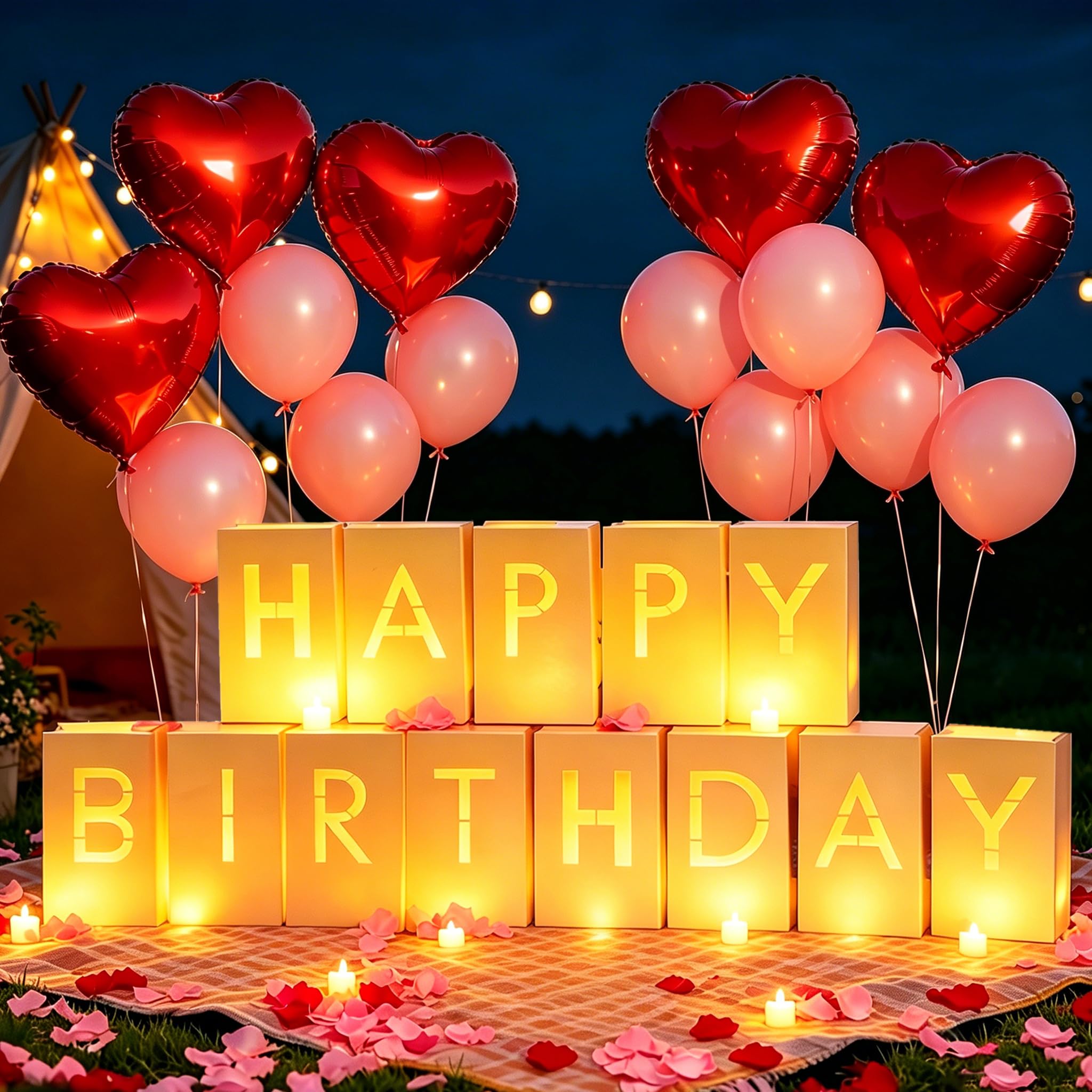 2073 piezas de decoraciones de feliz cumpleaños con letras iluminadas, velas de té, pétalos de rosa, globos de látex, globos de aluminio, bolsas luminosas, pancarta de fiesta, regalo sorpresa de