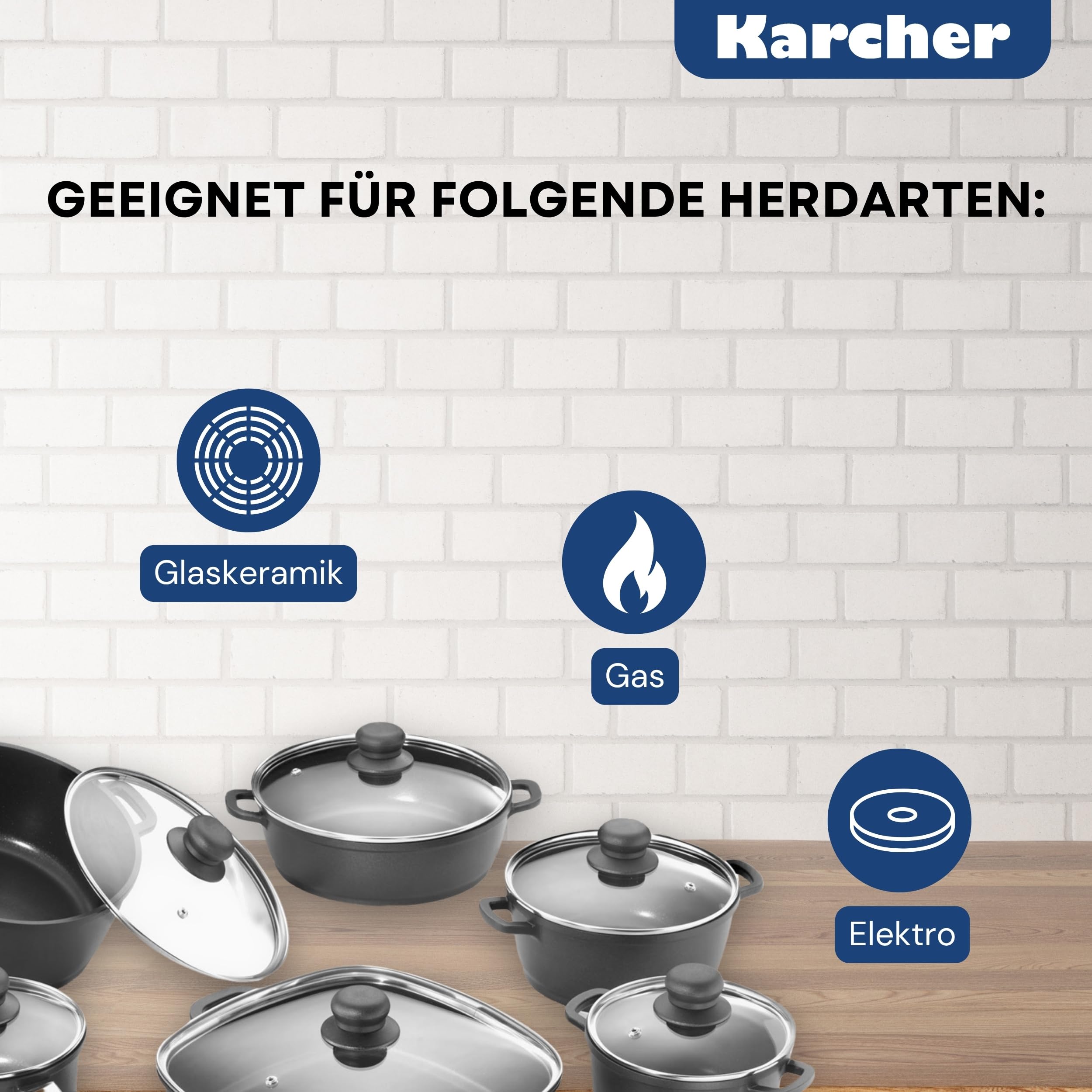 Karcher Kochtopfset Aluguss 12-teilig – Topfset mit Teflon Classic Antihaftbeschichtung, Glasdeckeln & Thermogrips – für alle Herdarten außer Induktion, backofenfest & spülmaschinengeeignet